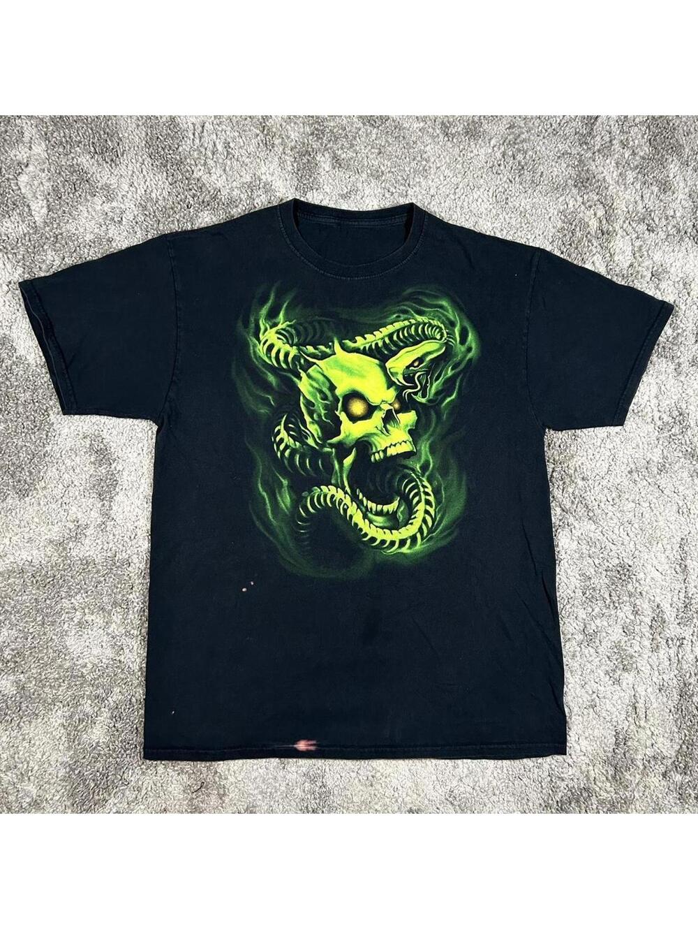 Vintage Y2K style bright green skull graphic shirt